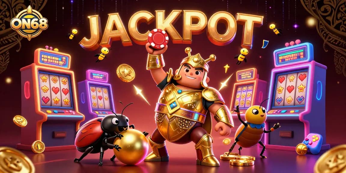 Join ON68 in a thrilling victory with a hercules beetle lifting a poker chip amidst casino and gaming elements.