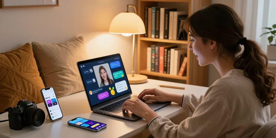 A user exploring ai nsfw interactions on a laptop in a cozy home atmosphere with colorful visuals on the screen.
