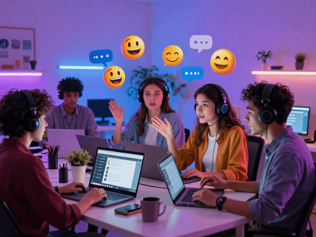 Engaging nsfw AI chat scene with diverse individuals in vibrant home office setups.