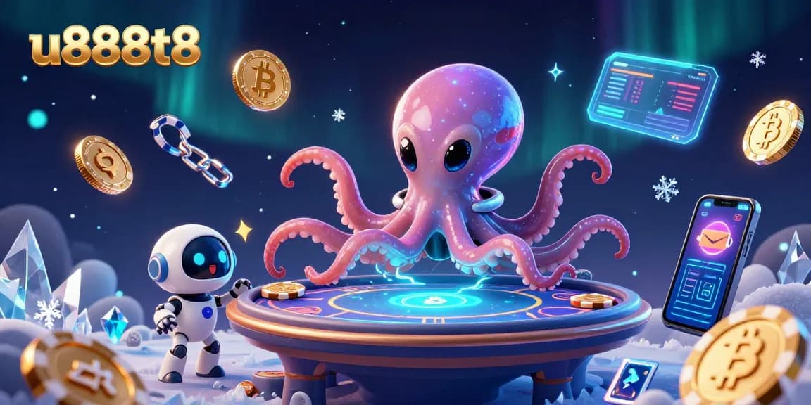 Play at u888t8 with the alien octopus piloting a holographic poker table amidst cosmic elements.