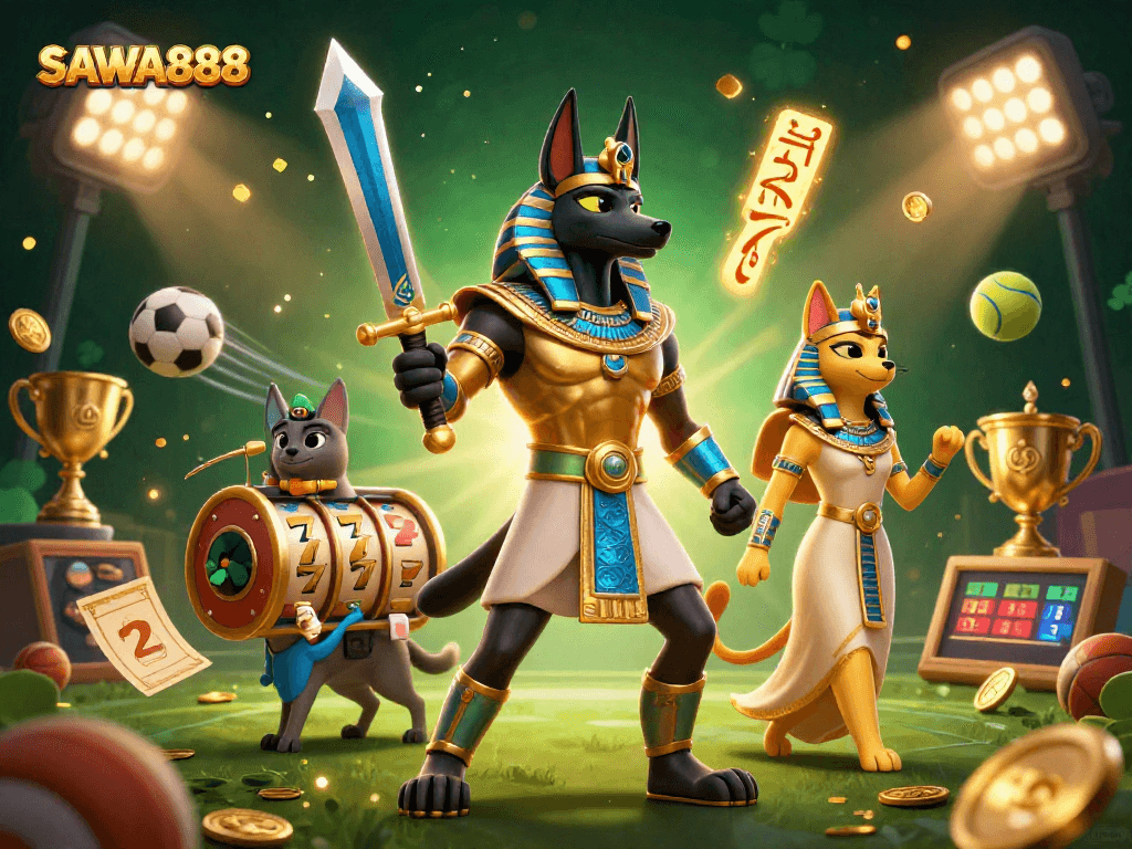Experience SAWA888 with Anubis and Bastet in a dynamic slot-themed 3D illustration.