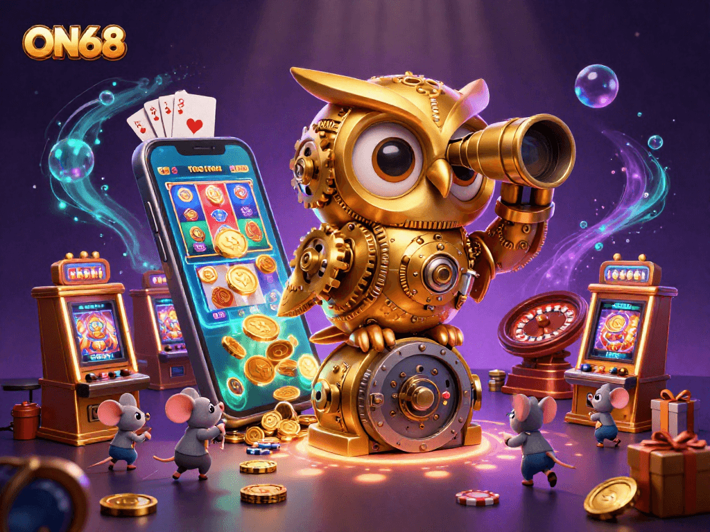 Experience the excitement of ON68 casino with a golden owl overseeing vibrant gaming action.