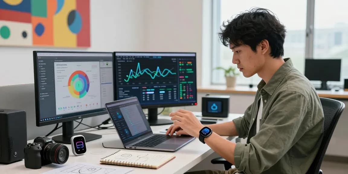 Male tech enthusiast showcasing a smart ring's features in a modern office environment, with health metrics displayed on screens and vibrant decor.
