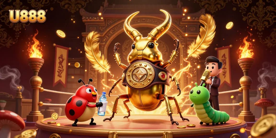 U888's giant stag beetle champion in a vibrant boxing arena showcasing a dynamic gambling scene.