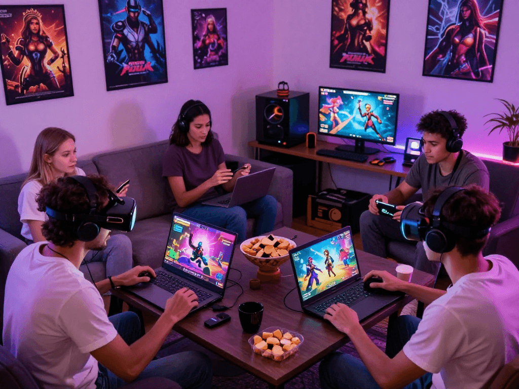 Engaging scene of players immersed in sex games on various devices during a lively gaming night.