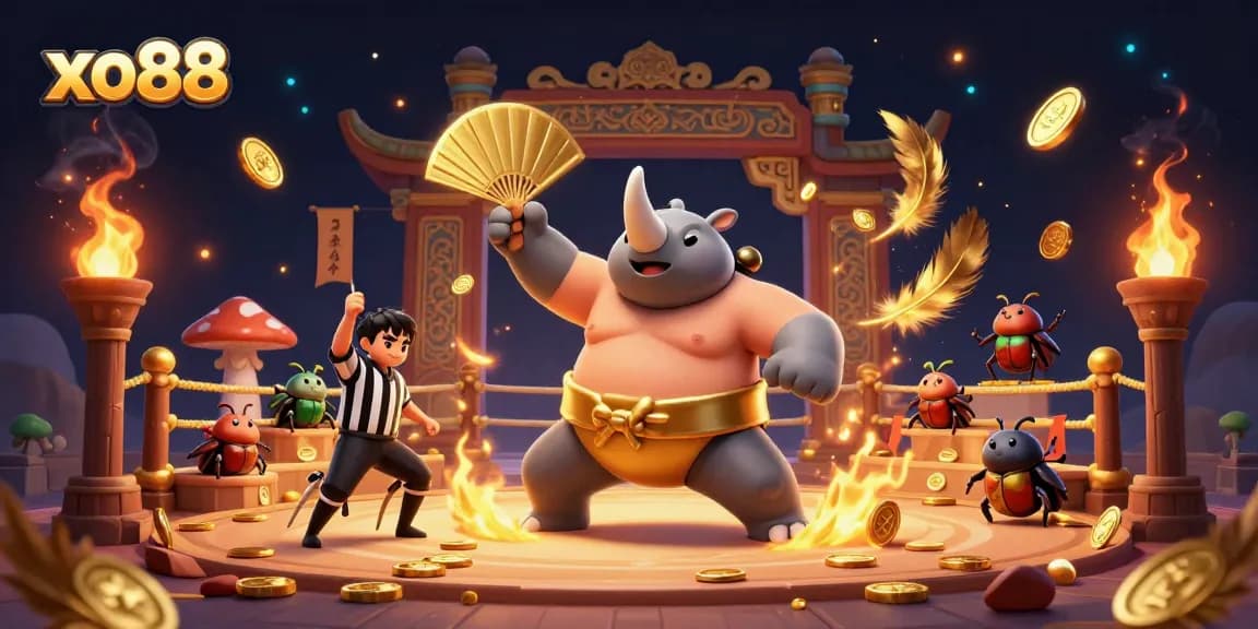 Watch the xo88 rhinoceros beetle champion stomp, sending coins flying in an exciting casino scene.