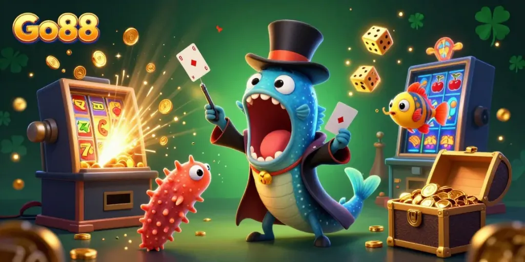 Experience the magic of Go88 with a whimsical illustration showcasing a bioluminescent eel and fortune elements.