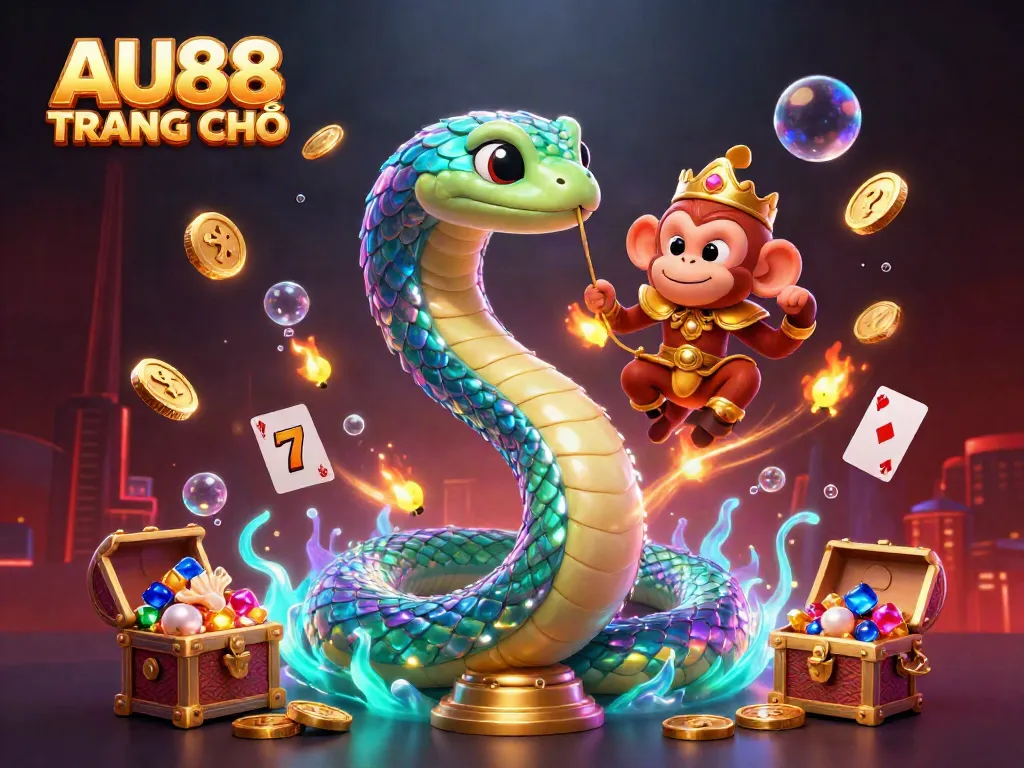 Engage with the vibrant world of AU88 TRANG CHỦ, featuring a mesmerizing rainbow serpent and golden monkey king amidst dynamic slot elements.