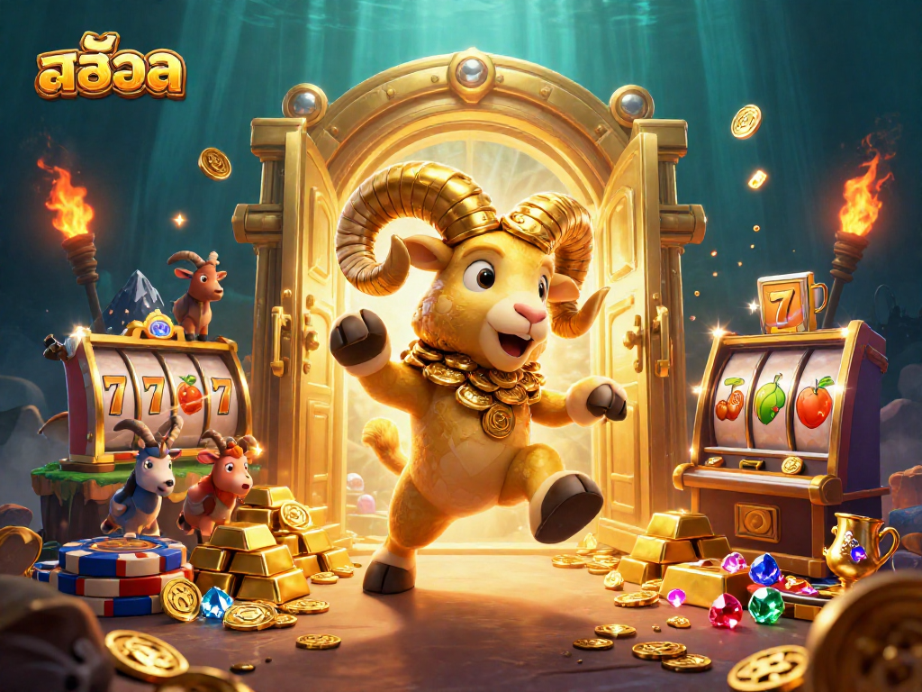 Engage with สล็อต in this vibrant 3D illustration featuring golden treasures and dynamic slot symbols.