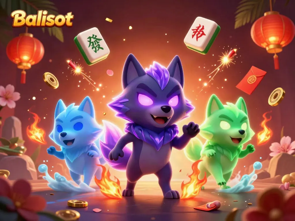 Balislot theme illustration showcasing a mystical wolf pack in a vibrant casino setting.