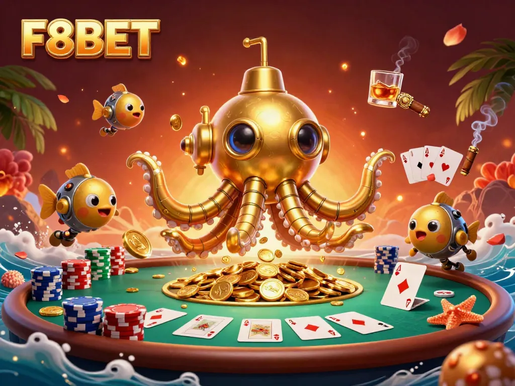 Experience excitement with F8BET's vibrant 3D scene of a kraken submarine amidst gambling elements.