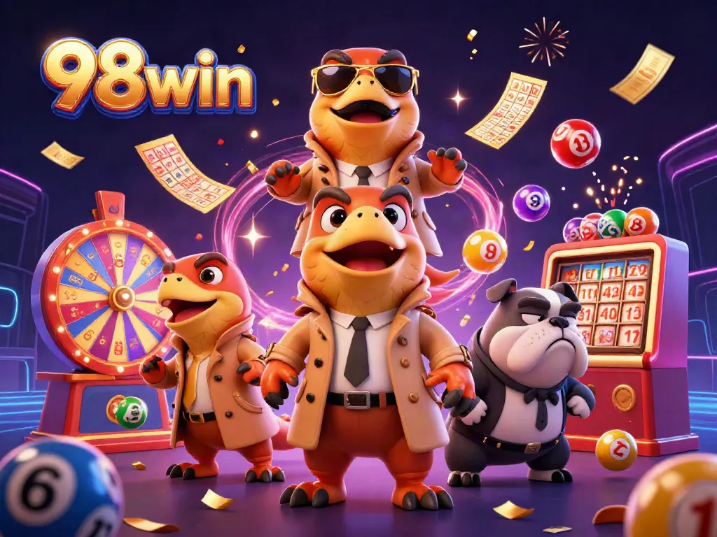 Engage with exciting 98win lottery and casino dynamics through a vibrant 3D illustration.