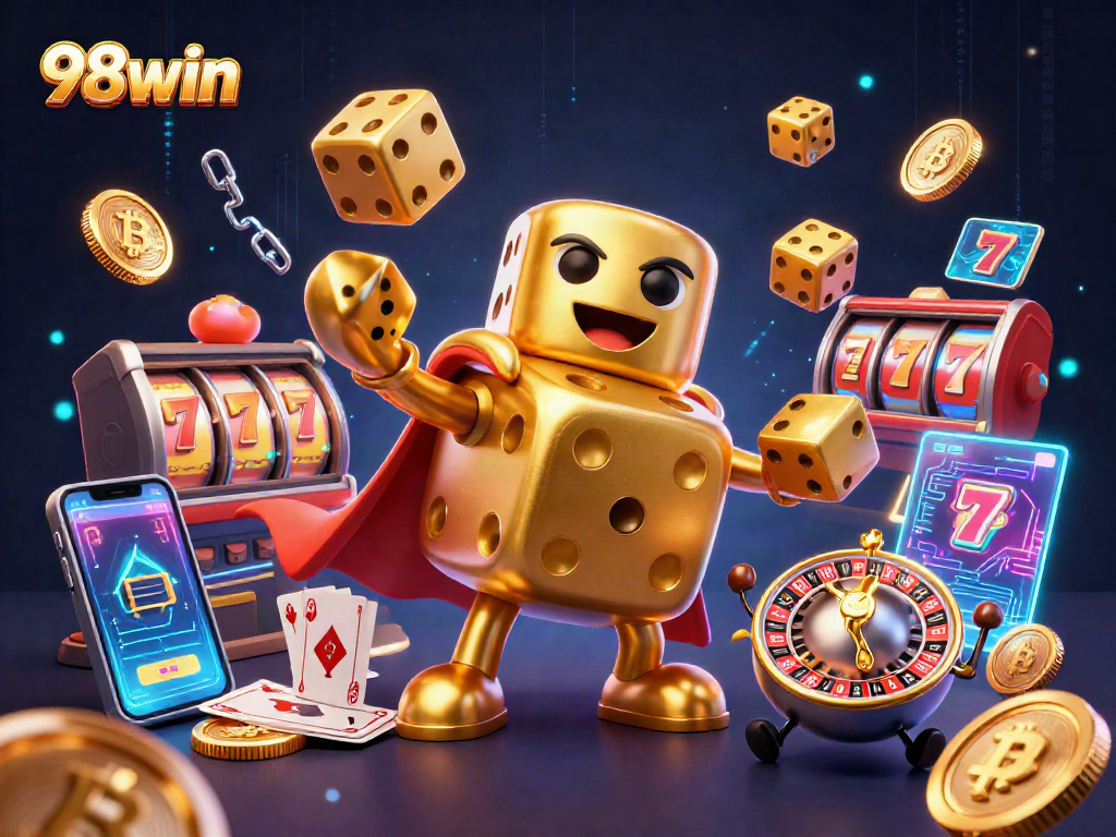 Win big with 98win's vibrant casino games featuring dynamic golden dice and slot elements.