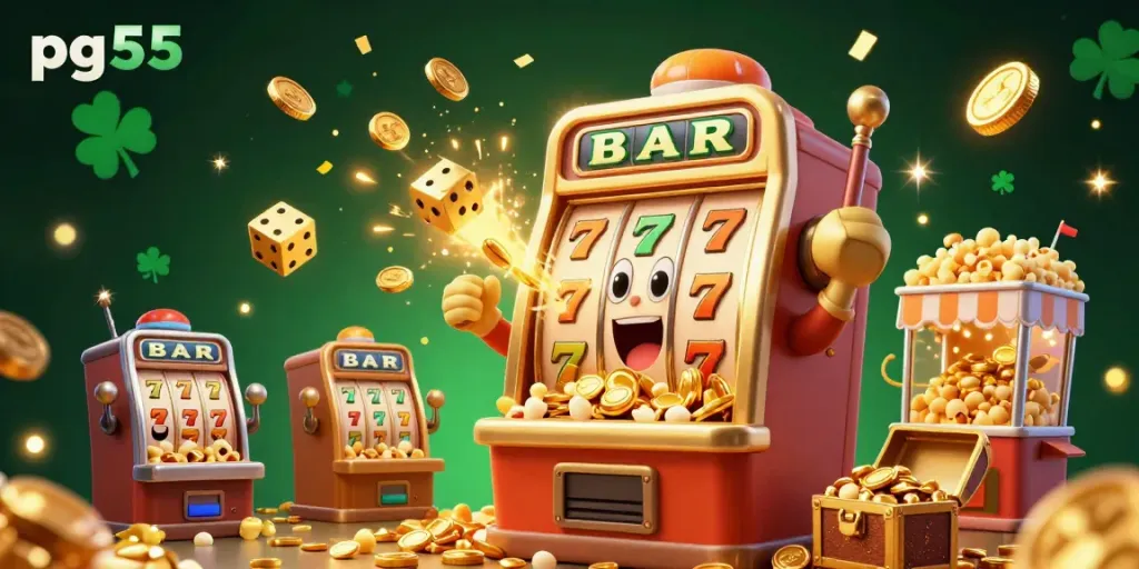 Experience the excitement of pg55 with a 3D cartoon slot machine hitting the jackpot and coins spilling everywhere.