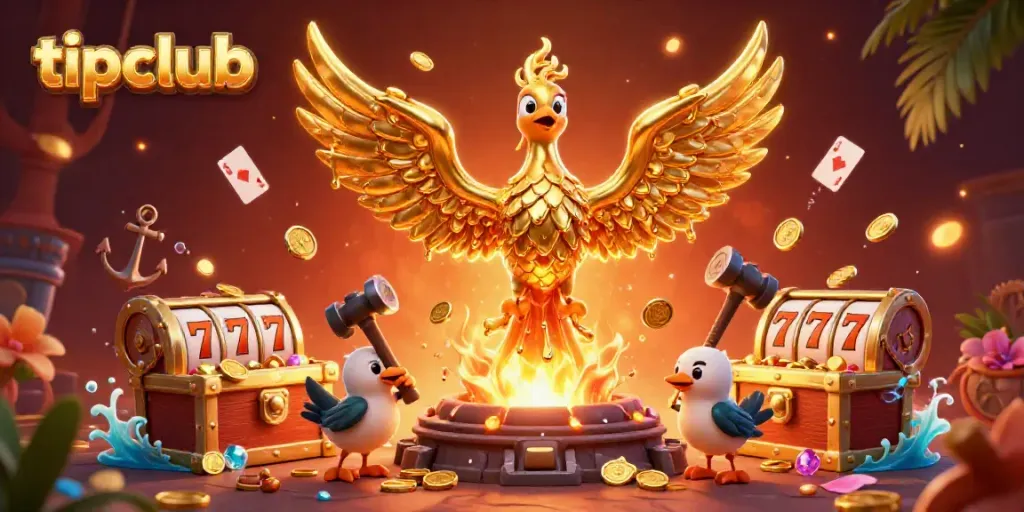 Experience the thrill of tipclub with a dynamic casino illustration featuring a mythical phoenix and gold treasures.