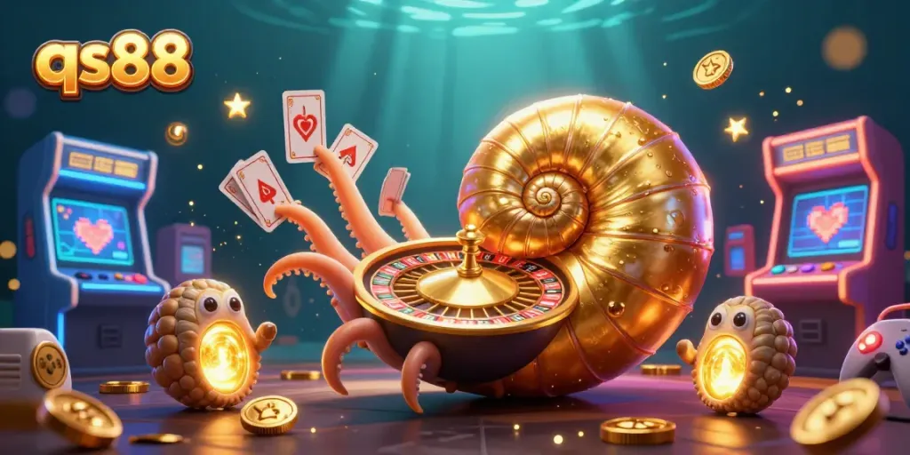 Experience thrilling wins at qs88 with an ultra-detailed 3D casino illustration featuring vibrant gaming elements.