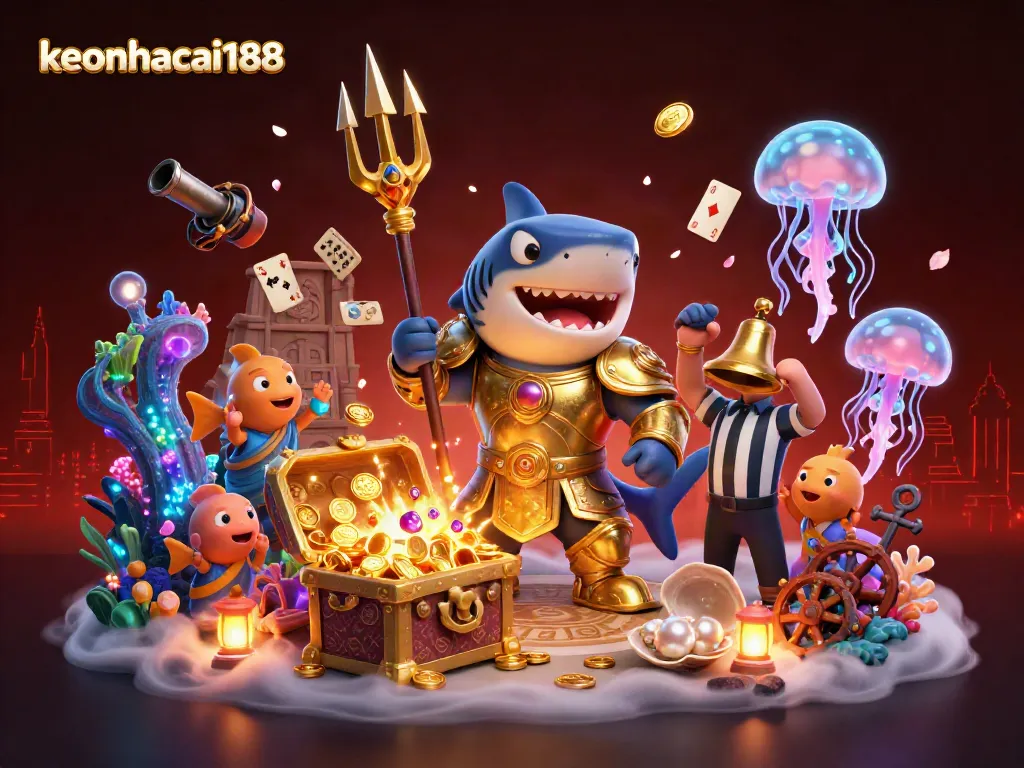 Witness intense sports betting action with the keonhacai188 tiger shark in an underwater colosseum.
