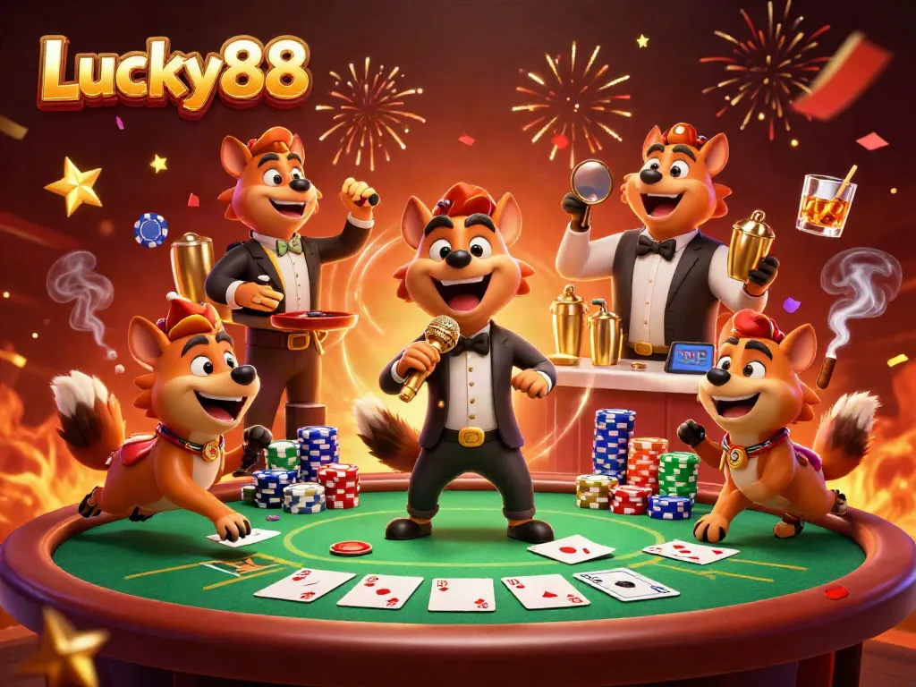 Lucky88 hyenas performing stand-up comedy in a vibrant casino scene with poker elements.