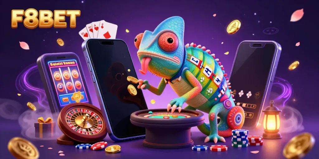 Engage with F8BET's vibrant 3D illustration showcasing casino elements and a lively chameleon casino owner.