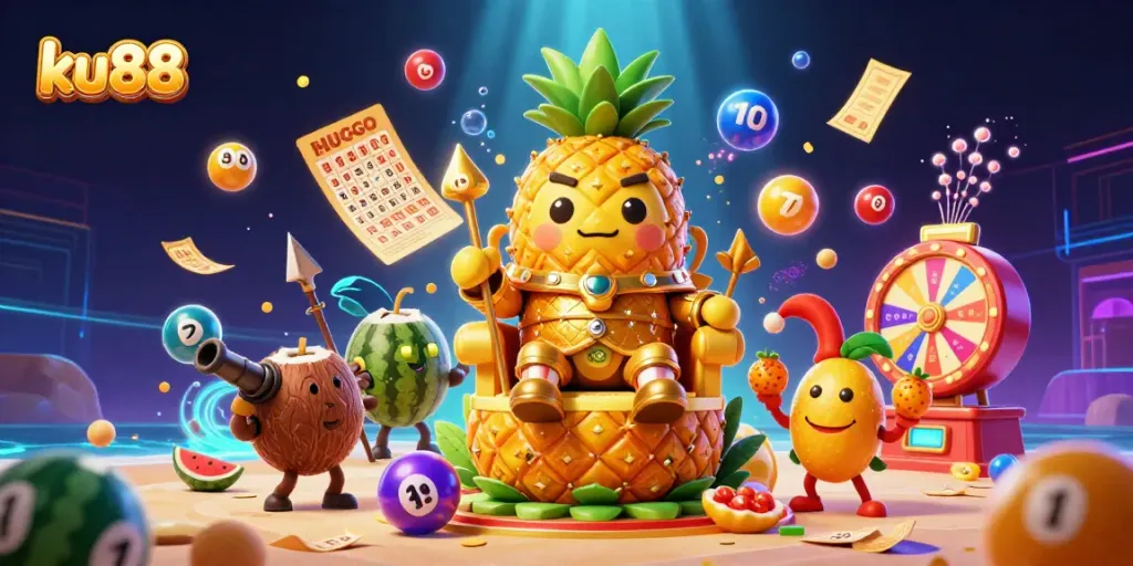 Experience thrills with ku88 in this vibrant casino scene featuring a golden pineapple king and lively characters.