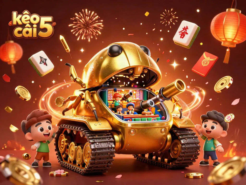 Experience kèo nhà cái 5 with an interactive 3D tank casino and vibrant festive elements.