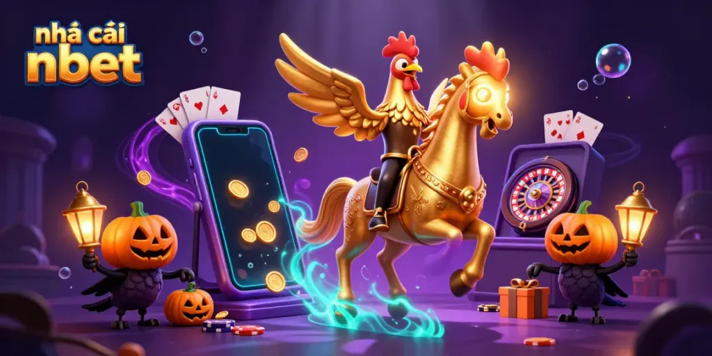 Experience thrilling gaming excitement with nhà cái nbet featuring a whimsical golden rooster in a magical casino.