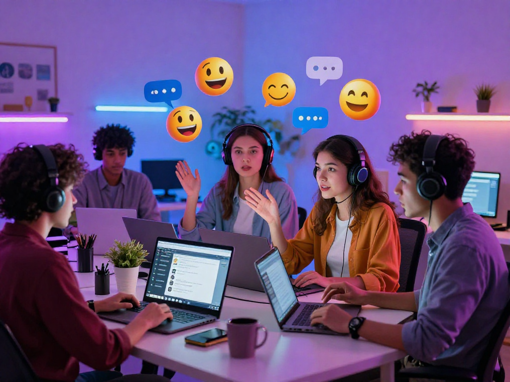 Engaging nsfw AI chat scene with diverse individuals in vibrant home office setups.