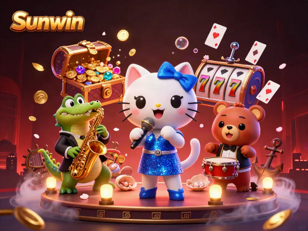 Experience Sunwin's vibrant casino scene featuring characters singing and playing music among glittering slots and treasure.