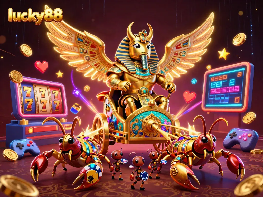 Engage with lucky88's thrilling casino universe through an elaborate golden beetle chariot scene featuring vibrant slot game elements.