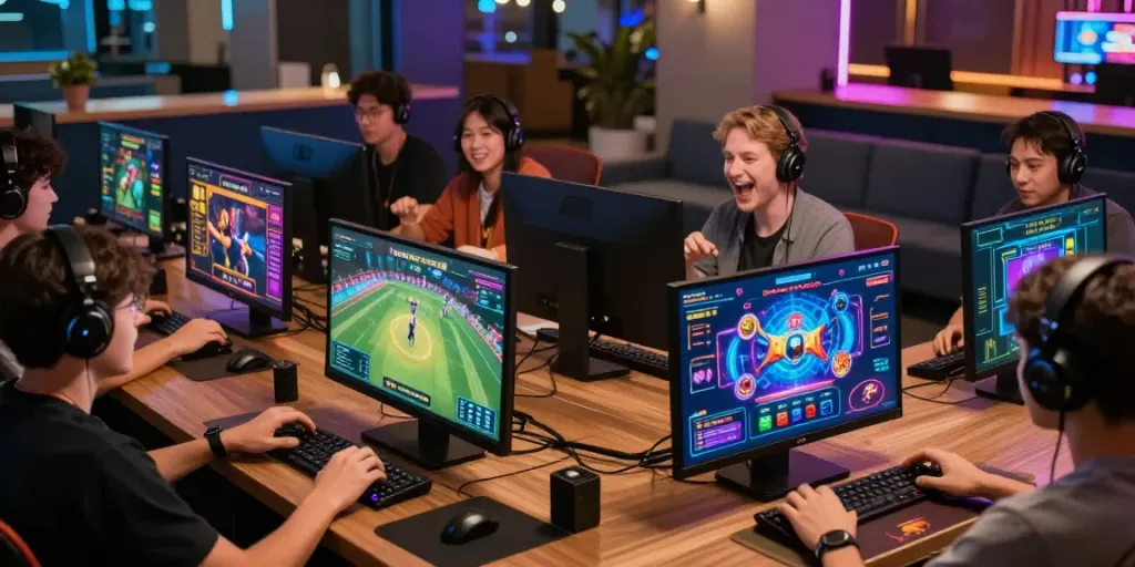 Engaging players enjoying various games on the trang chủ da88 platform, surrounded by vibrant graphics and a festive atmosphere.