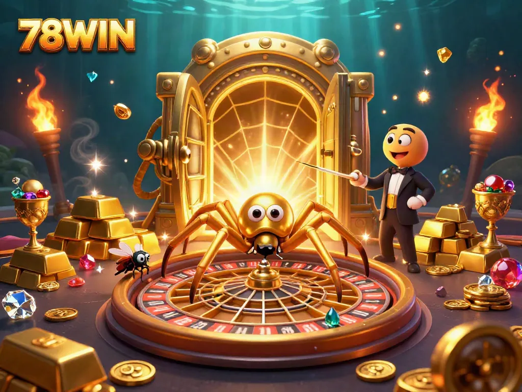 78WIN spider croupier spinning roulette webs while a fly bets nervously amidst a treasure display.