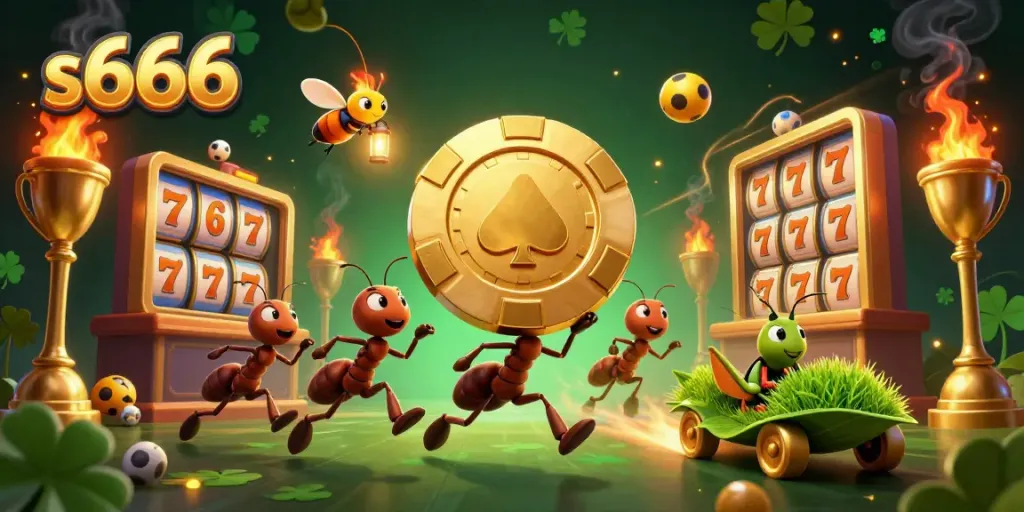 S666 characters engaged in a cartoon heist, showcasing vibrant casino elements in a dynamic scene.