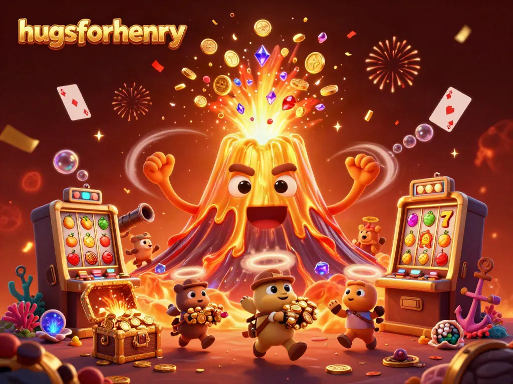 Experience the magic of hugsforhenry as treasures cascade from a golden volcano in a vibrant casino scene.