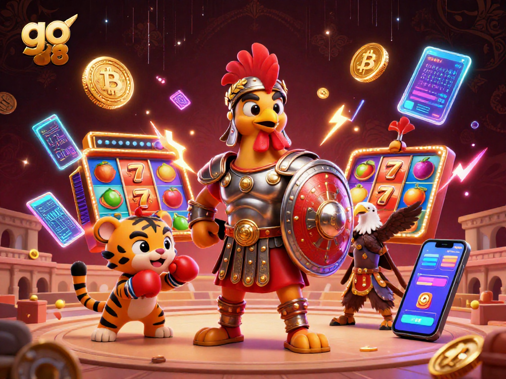 Win big at go 88 with a thrilling 3D casino scene, featuring a gladiator rooster and vibrant slot reels.