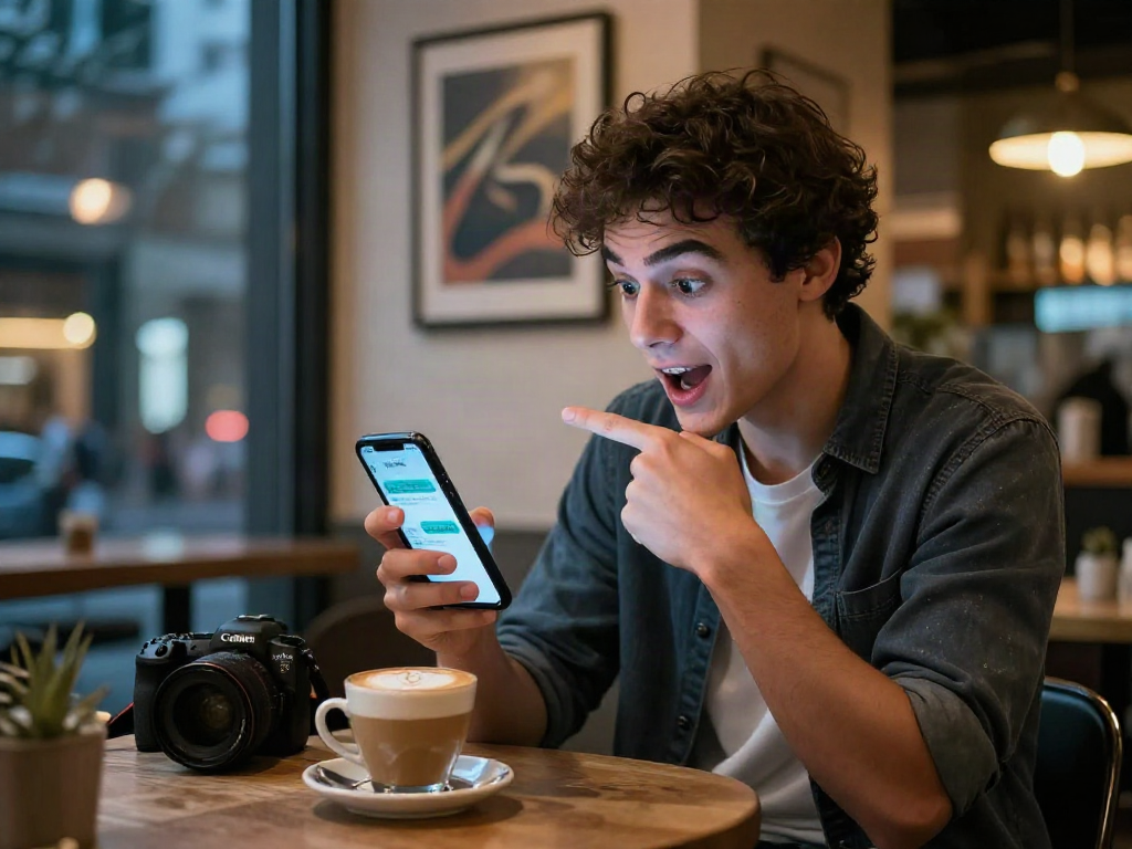Young man engaging with nsfw ai chat in cozy café at night.