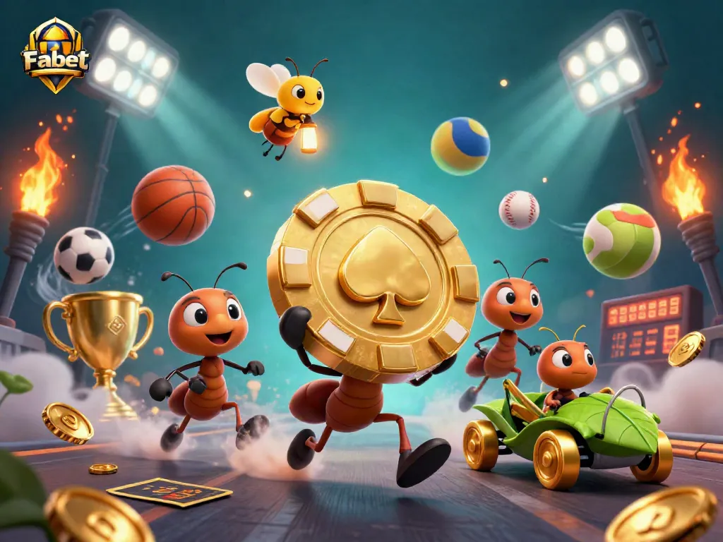 Experience the thrill of Fabet with vibrant ants heisting a golden poker chip amid dynamic sports elements.