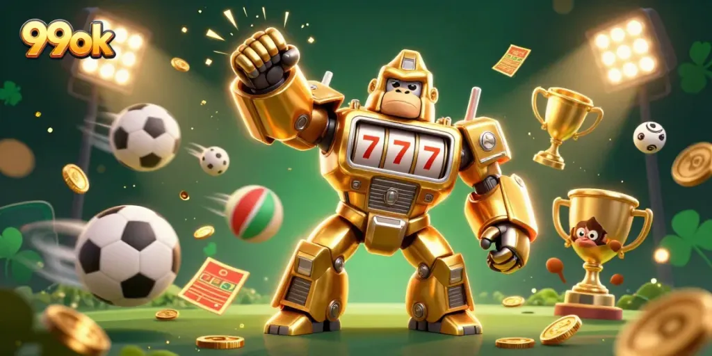 Experience thrilling gameplay with 99ok's dynamic casino elements in a vibrant 3D illustration.
