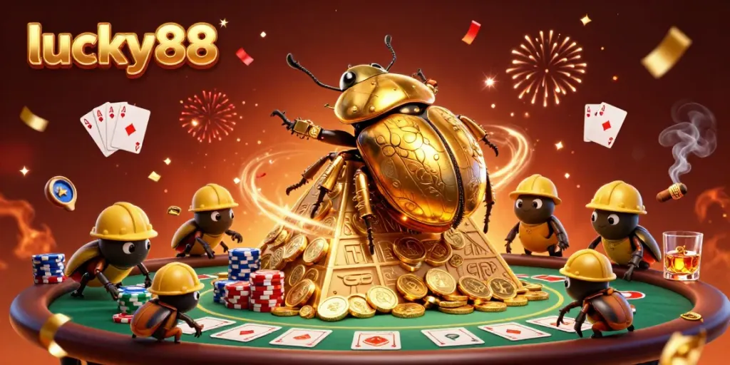 Experience the lively atmosphere of lucky88 with a golden beetle and dazzling casino elements.