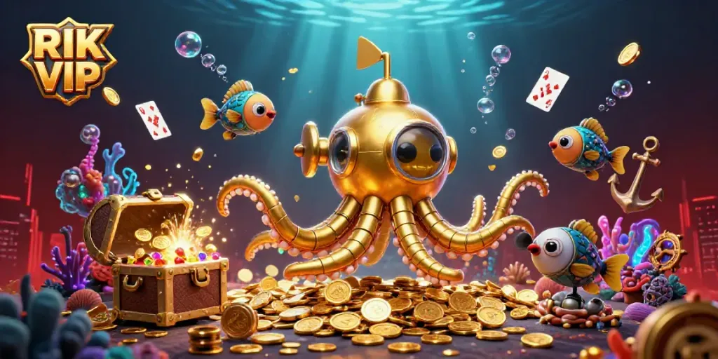 RIK VIP showcases a vibrant underwater casino scene with gold coins, rich treasures, and illuminated game elements.