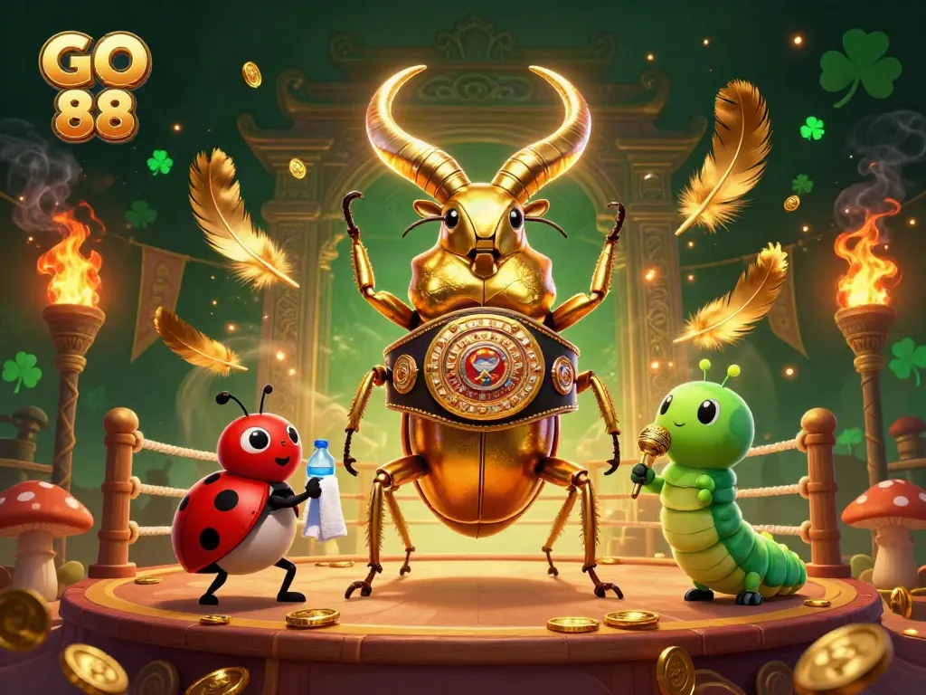 Experience the thrilling action with GO 88, a dynamic scene with a giant golden stag beetle and casino elements.