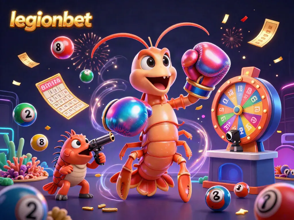 Experience the excitement of legionbet with lively lottery and casino elements in a dynamic 3D scene.
