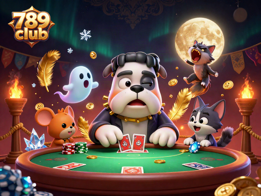 Engage with the 789 club poker scene featuring a Frankenstein bulldog dealer and ghostly elements.