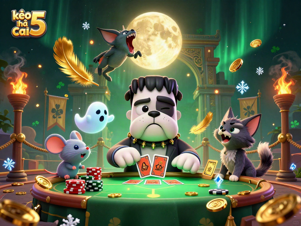 Engaging kèo nhà cái 5 graphics featuring Frankenstein bulldog and werewolf kitten in a lively casino scene.