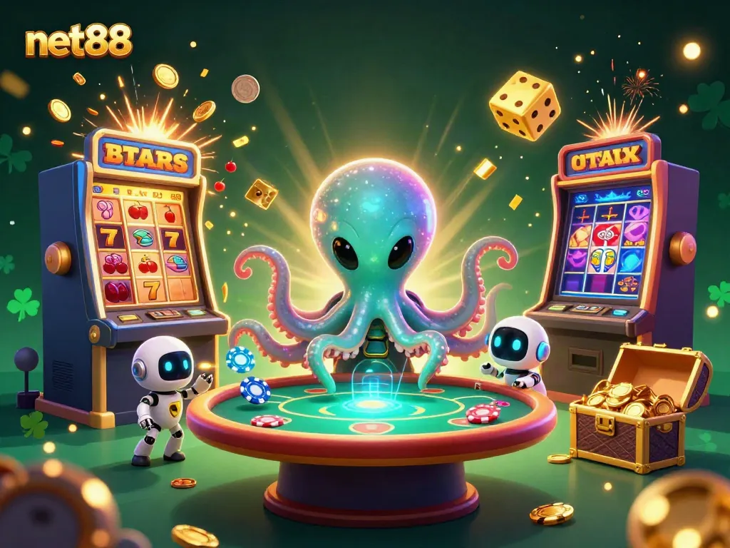 Experience the thrilling casino action with net88's vibrant 3D illustration featuring an alien octopus at a poker table.