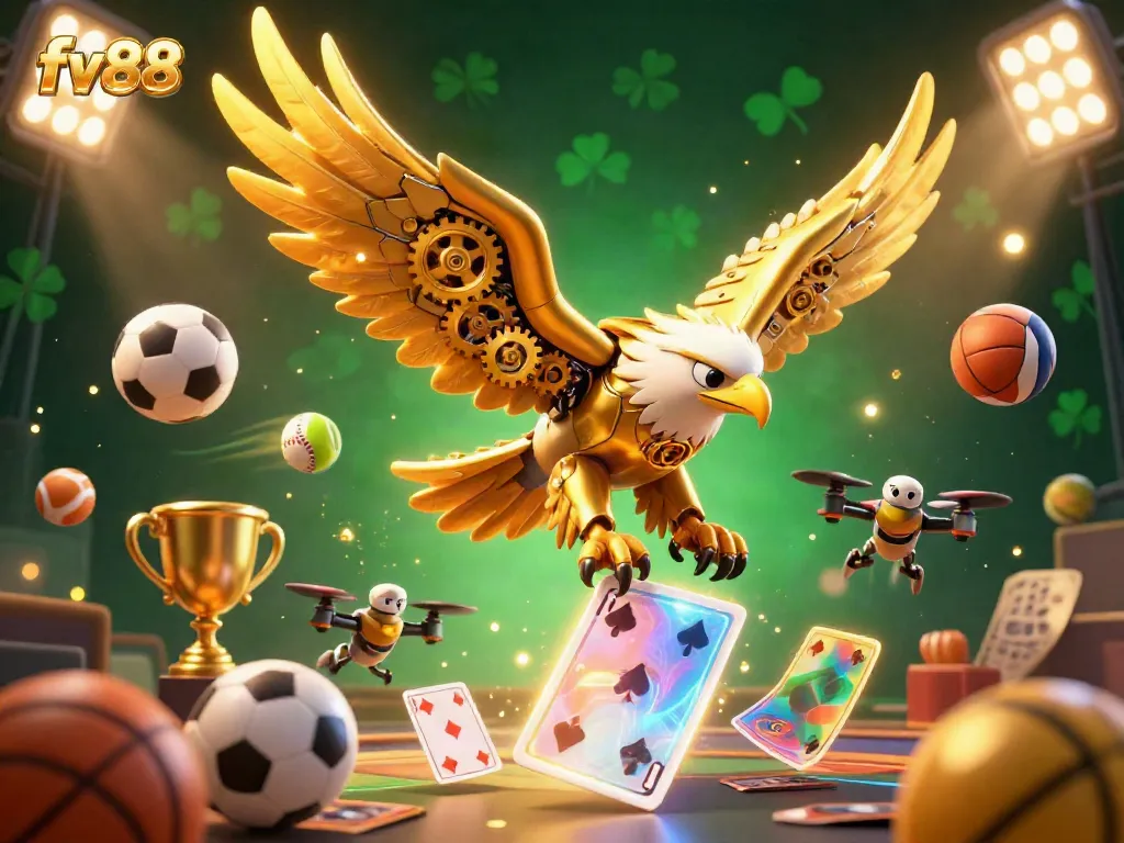 Experience the thrilling atmosphere of fv88 with a dynamic 3D casino scene featuring a golden eagle navigating holographic cards and sports elements.