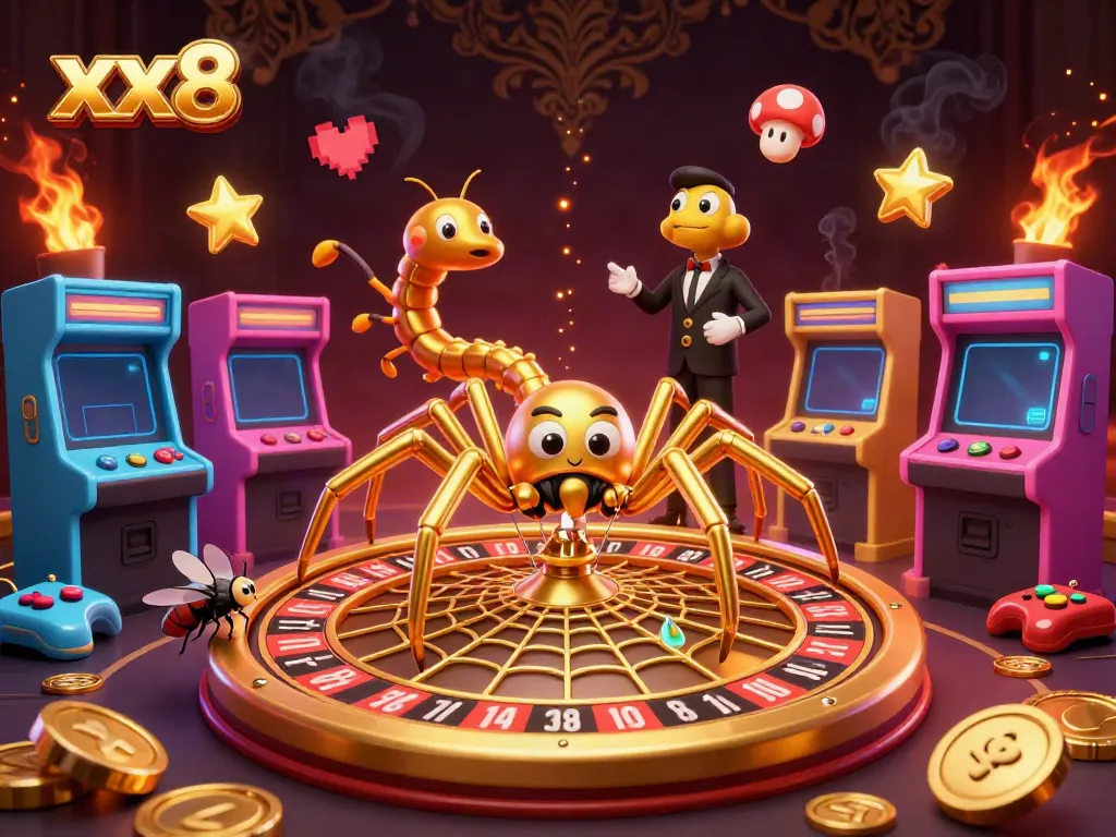 Spin the roulette web in xx8's vibrant online casino, featuring a golden spider, fly, and centipede croupier.