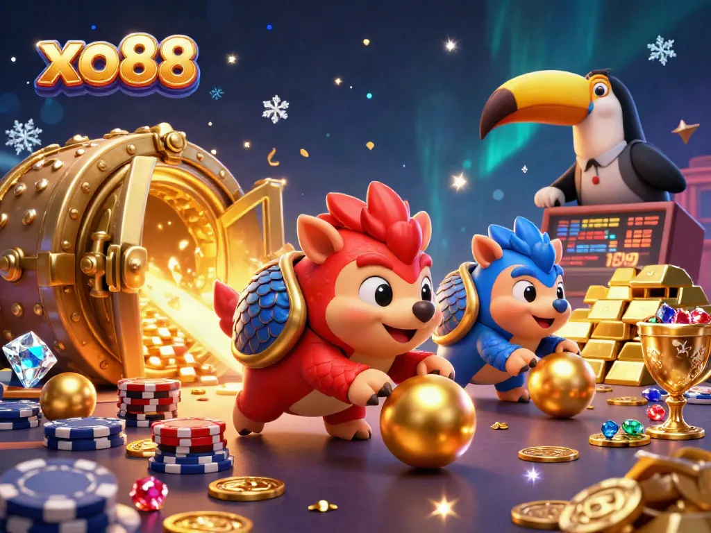 Experience thrilling gaming at xo88 with vibrant pangolins bowling through poker chips and golden treasures.