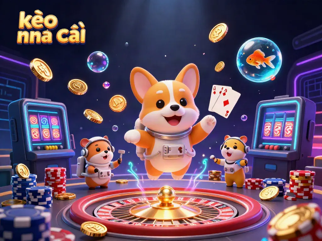 Experience thrilling gaming action with kèo nhà cái, featuring an astronaut corgi and floating coins in a vibrant 3D casino.