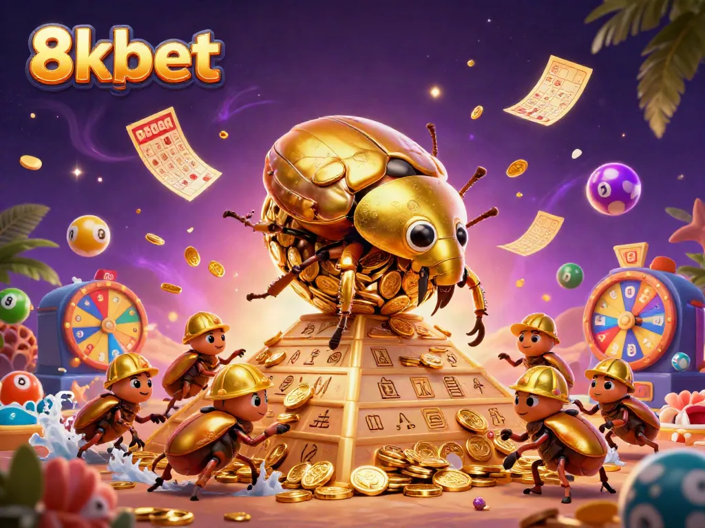 Engage with 8xbet's exciting gaming experience featuring a golden beetle rolling coins.
