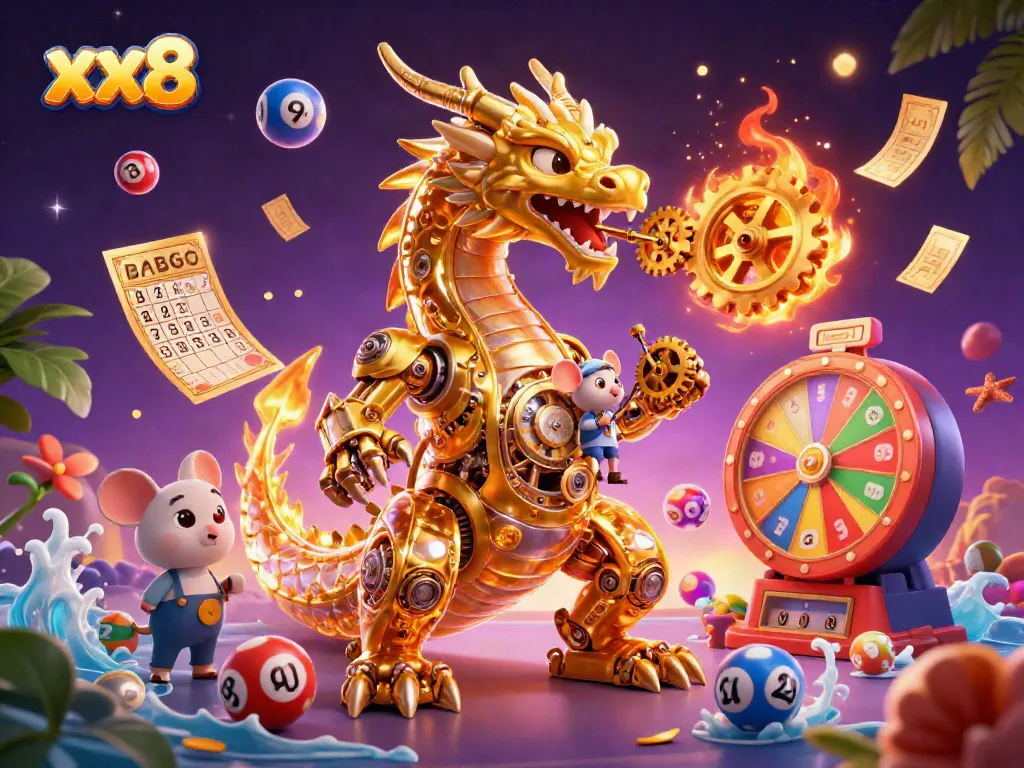 Experience the excitement of xx8 with a golden dragon and vibrant lottery elements in a dynamic casino scene.